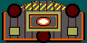 Stage 1 boss: a fortified river barge with three turrets and a glowing core